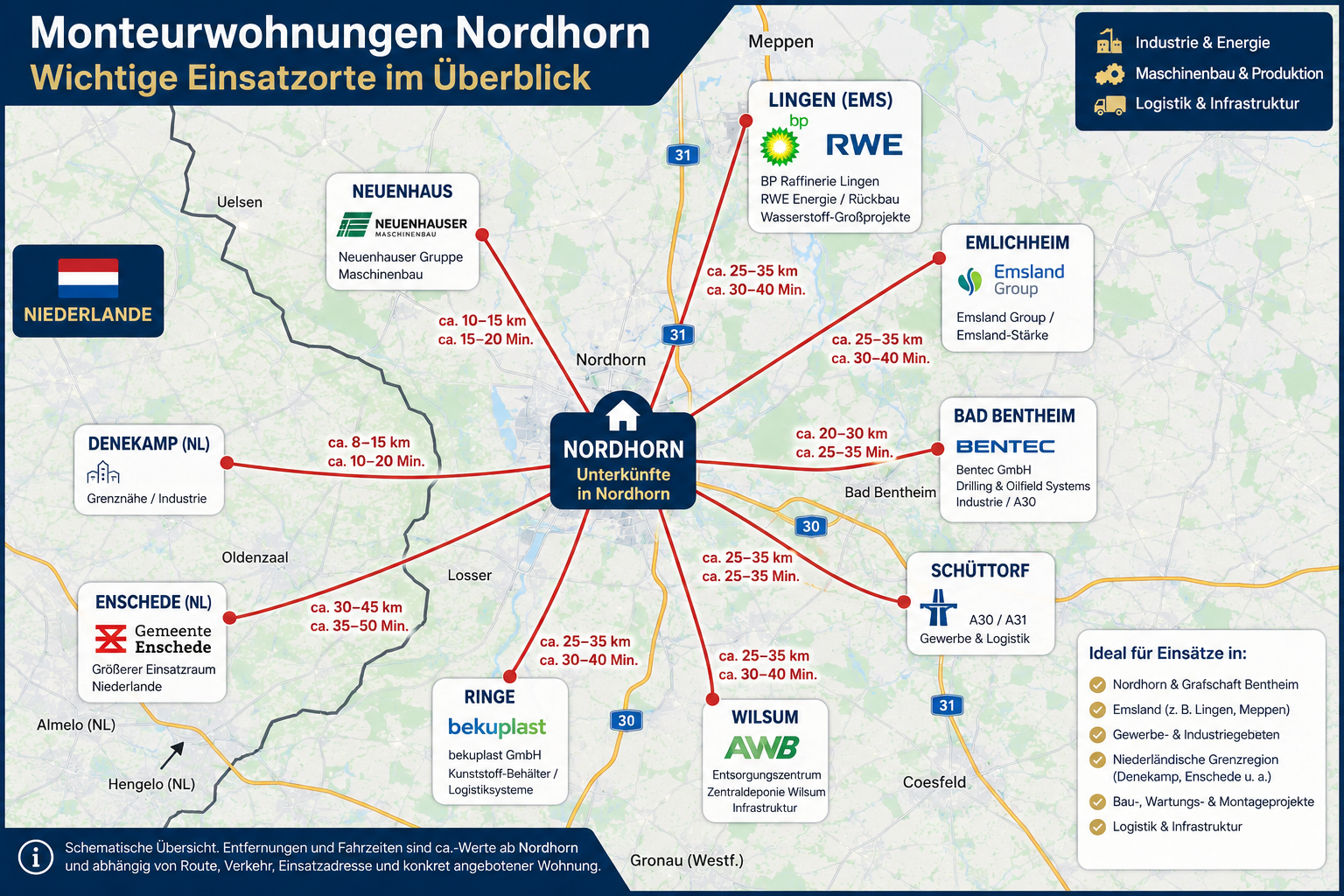 Übersichtskarte Monteurwohnungen Nordhorn mit wichtigen Einsatzorten in der Grafschaft Bentheim, im Emsland und in der niederländischen Grenzregion